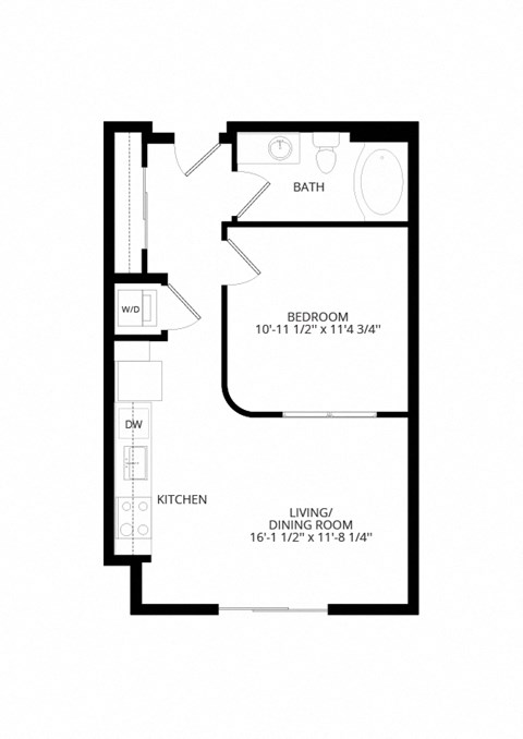 Floor plan for 1 bed, 1 bath, 577 sqft